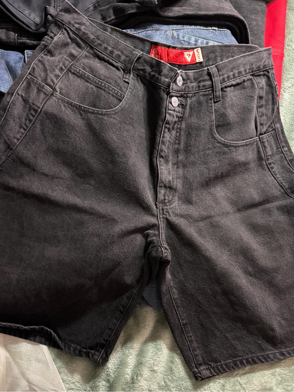 Guess Black Denim Men's Shorts with Red Logo Tag